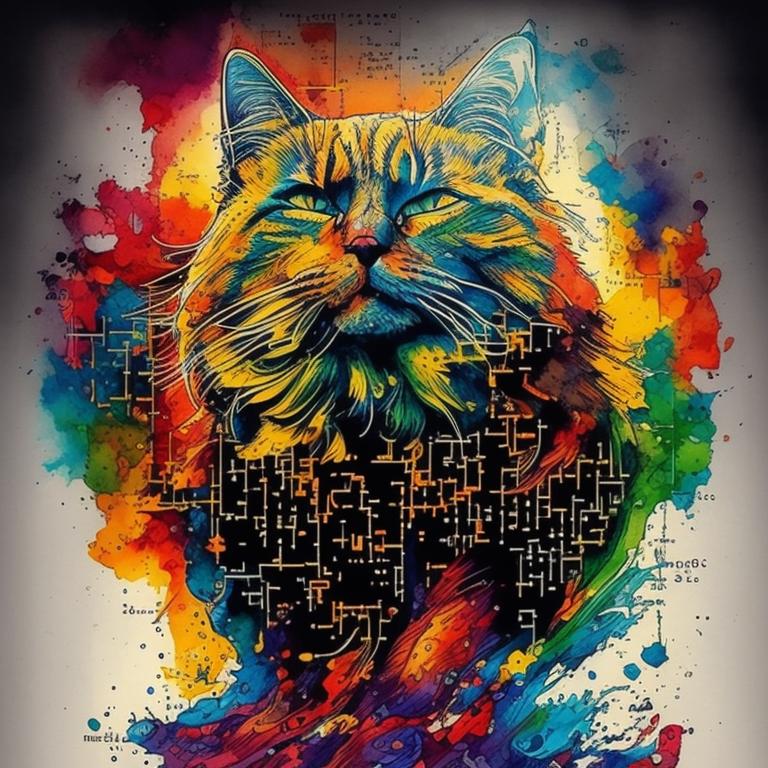 Illustration, color ink sketch, classical ink art, Masterpiece, Cat in ASCII art