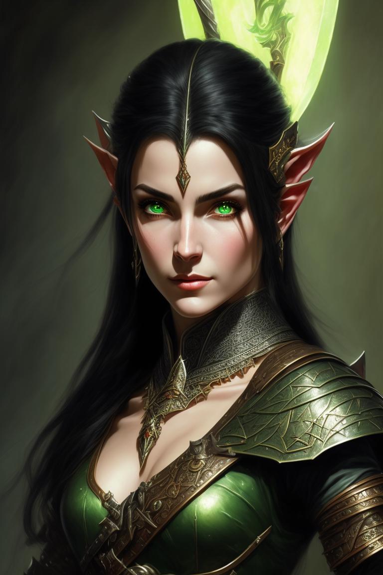 muddy-gnat219: High Elf Cleric female with black hair, green eyes, and ...