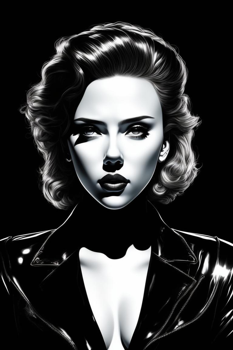 Scarlett Johansson, Dynamic lighting, high contrast black and white, Futuristic, Glossy, Vivid colors, digital illustration with the style of jamie hewlett and hajime sorayama.