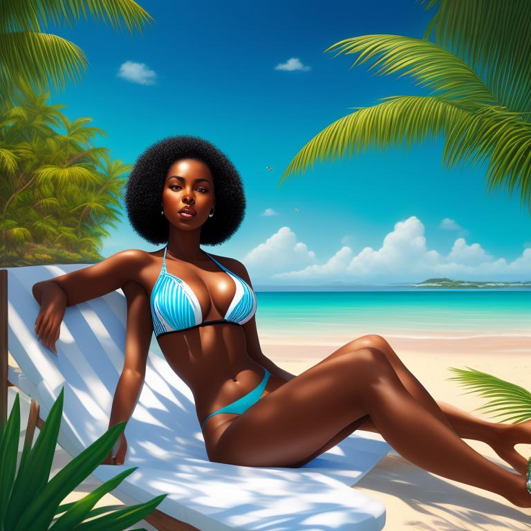 rich-porpoise90: Beautiful black girl with slim waist and wide hips and  very short blue hair wearing green bikini with white stripes
