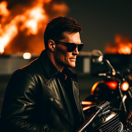 bogus-ant345: Tom Brady wearing a black leather jacket and sunglasses. He  is holding a shotgun on a Harley Davidson with a fire raging in the  background.