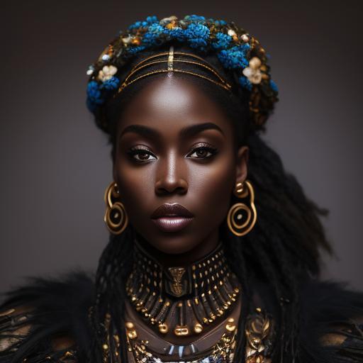 rightfly252 black cotton beauty, afrofuturistic with vibrant colors, adorned with flowers and