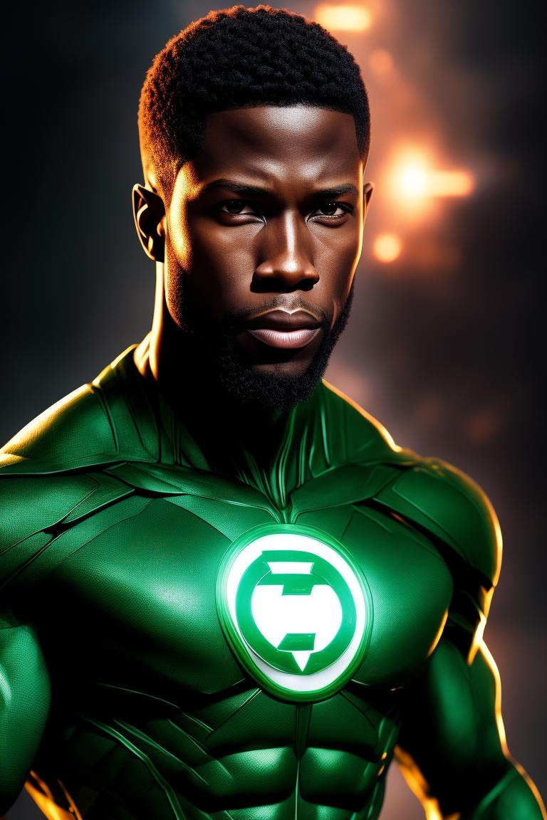 Green Lantern John Stewart. Use Trevante Rhodes as base. No mask., based on trevante rhodes, confident expression, Intense gaze, No mask, futuristic setting, vibrant green energy aura, Powerful, strong physique, Dramatic Lighting, Art by artgerm and greg rutkowski, Digital painting, Highly detailed, Dark background