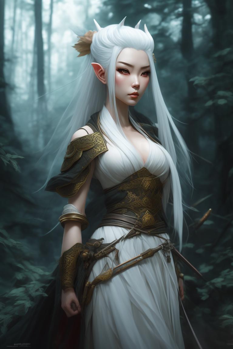 unusual-slug175: female elf samurai, white hair