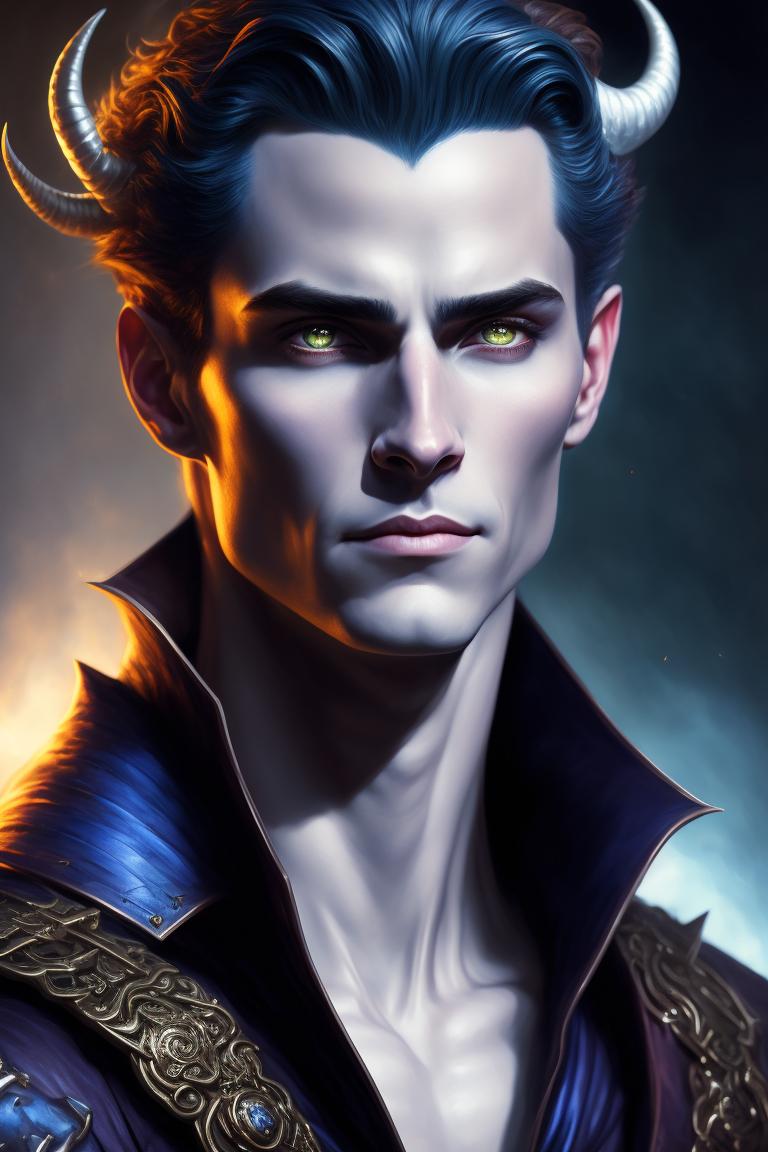 Trinixerina: Tiefling male, spiral horns, handsome young man, blue skin