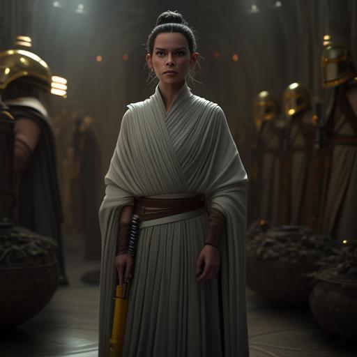 starwarsnewsit: Rey Skywalker with yellow lightsaber and grey robes