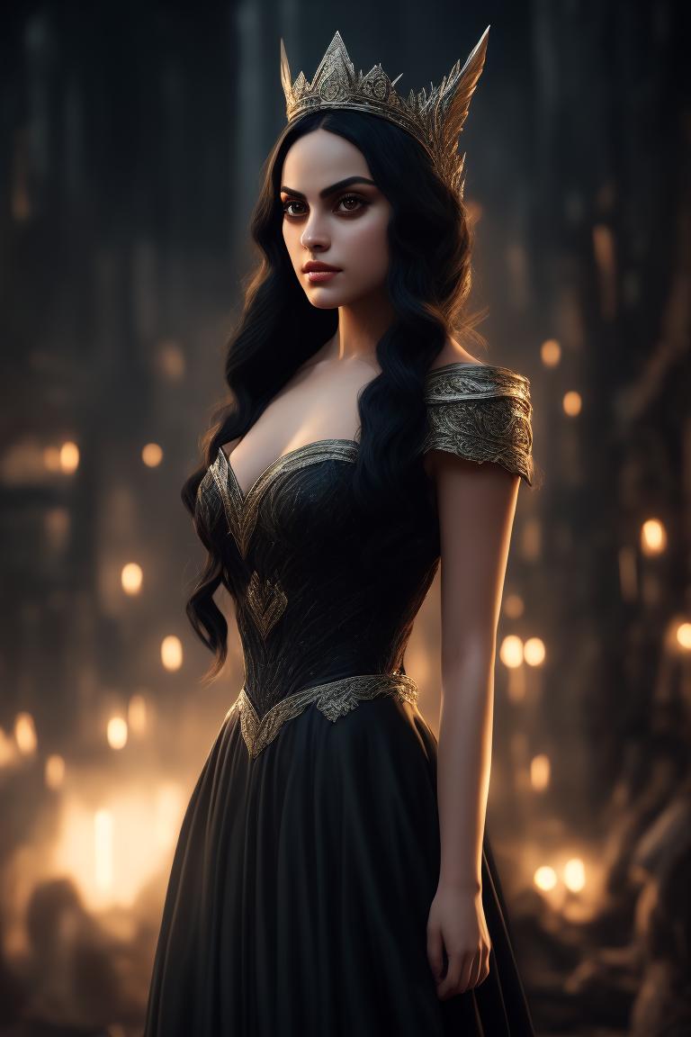 terrific-owl429: Camila Mendes as a half elf queen wearing a black dress