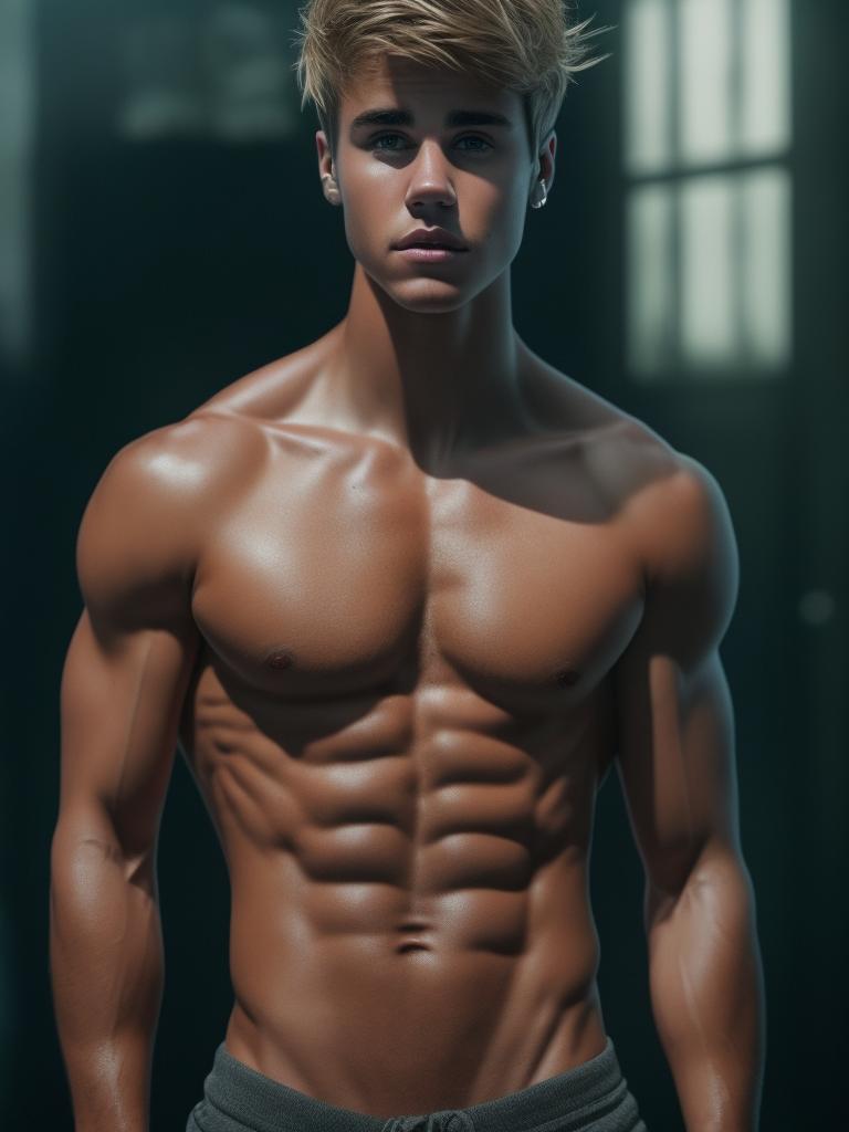 frigid-yak916: shirtless 22 years old justin bieber. muscular. toned body.  realistic. 8 pack abs. broad shoulders. he has 22 years old face. color  photo.
