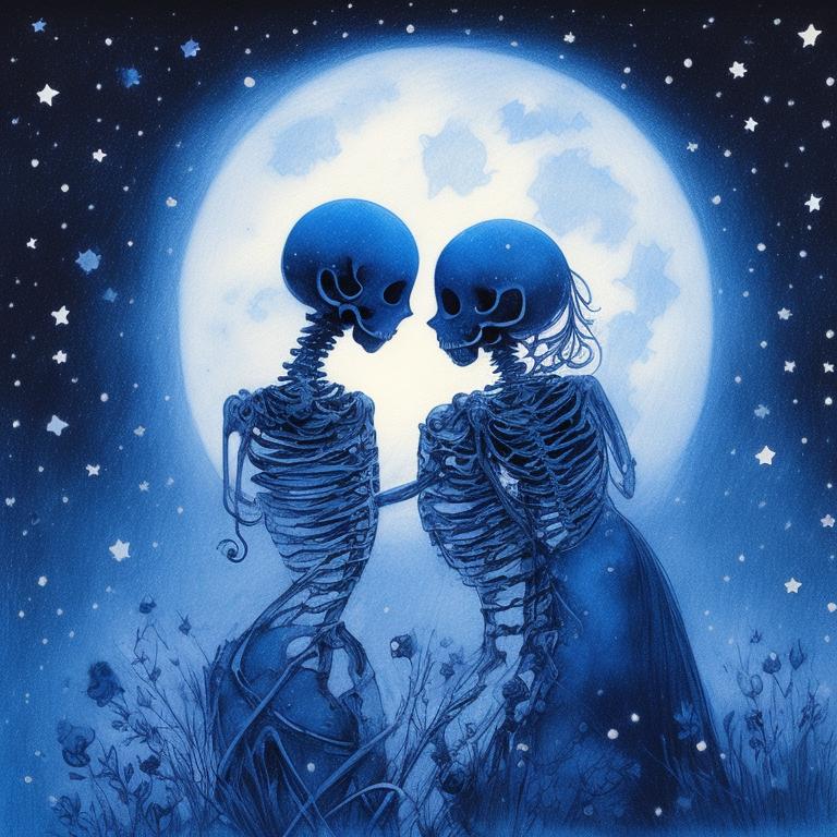 two skeletons embracing, in love, full moon in the background, clear night, beautiful, correct figures, perfect details, royal blue starry sky, Pencil sketch style, ((whimsical story book style)), (style of peter de seve)