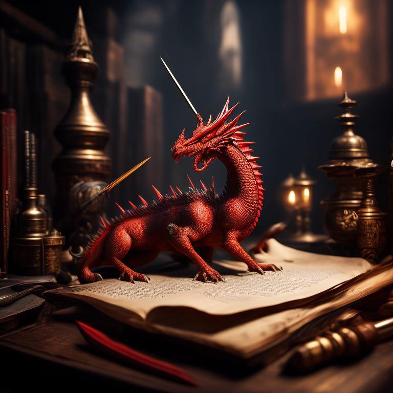 hotquetzal354 a red dragon amidst medieval writing implements such as