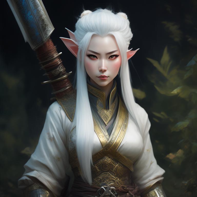 unusual-slug175: female elf samurai, white hair, katana in hand