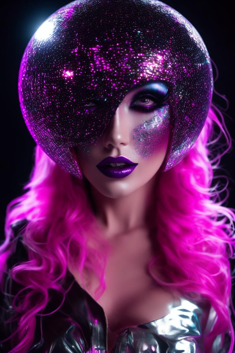 beautiful zombie model DJ with halloween make up dancing in disco digital effect long pink hair disco ball whole head , surrounded by digital effects, the scene is further enhanced with pink hair and a glimmering disco ball, creating a vibrant and lively atmosphere.