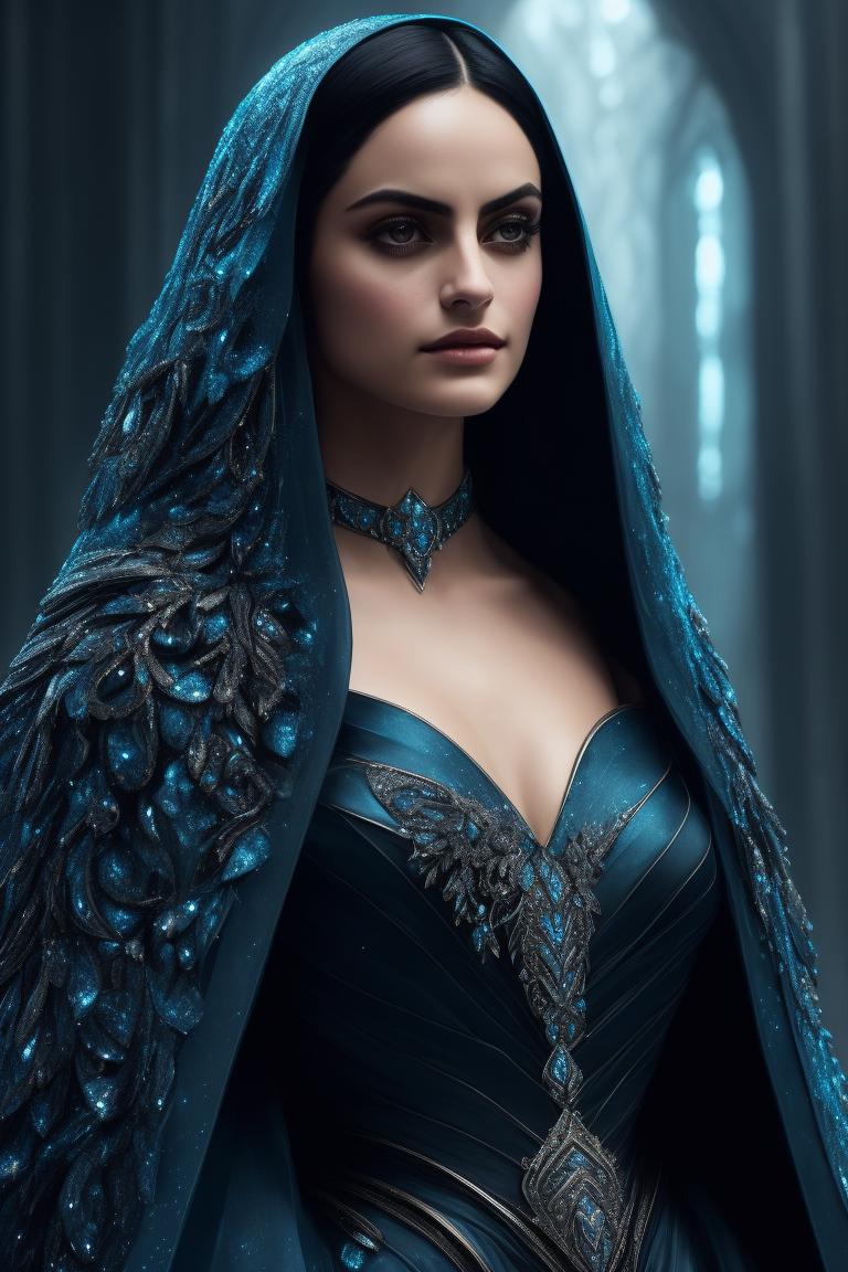 terrific-owl429: Camila Mendes as a half elf queen wearing a black dress  and an icy blue cloak no cleavage