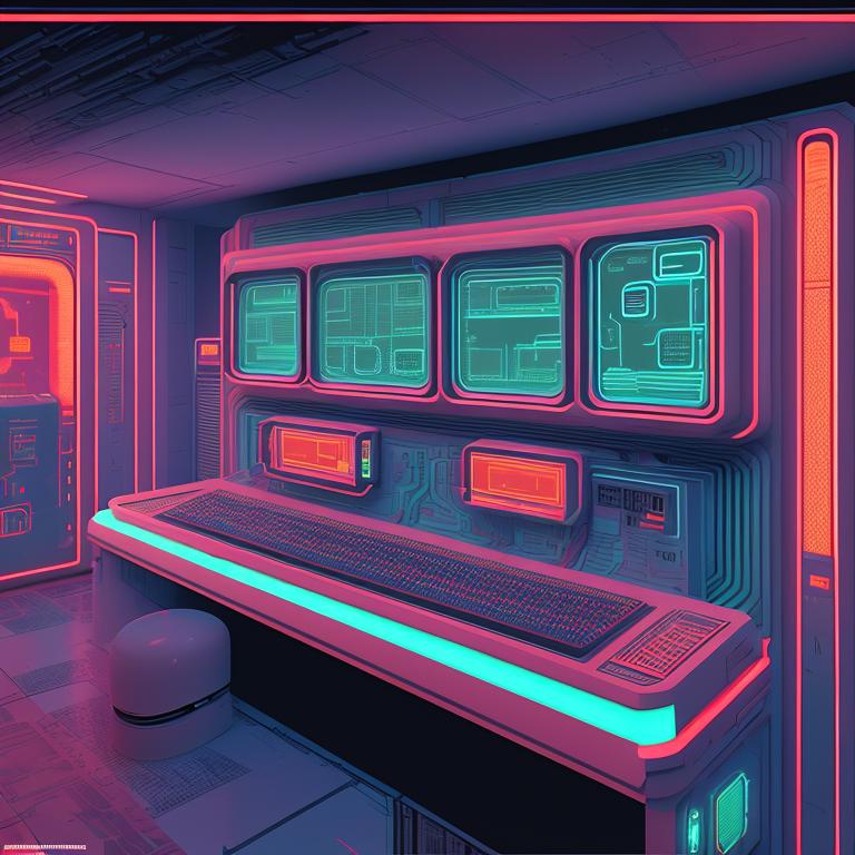 comand center computer console room retrofuturism, vintage aesthetic, 80s-inspired design, glowing buttons, futuristic holographic displays, cyberpunk vibe, High-tech, Sci-fi, Dark atmosphere, art by syd mead and moebius, detailed illustration, trending on artstation., High quality, Ray tracing, Photorealistic