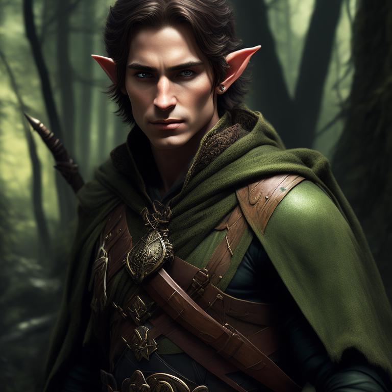 Half elf male ranger with bow, classic fantasy, Detailed, low light, Misty, adorned with elvish jewelry, art by rk post, Paul Bonner, and magali villeneuve, Dark forest background, Sharp focus.