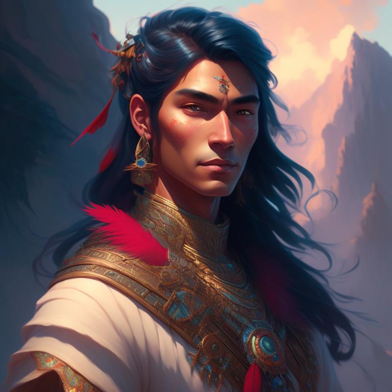 native american man, middle aged, rakan, handsome, gorgeous, red feathers in hair, high cheekbones, dungeons and dragons, dnd, high fantasy, heroic fantasy, hero, action, magic, beautiful colors, soft lighting, incredibly detailed, clean, masterpiece, art by loish and sakimichan and mandy jurgens, Soft Lighting, Intricate, Pastel colors, Digital painting, Artstation, Dreamlike, Whimsical, art by loish and sakimichan and mandy jurgens.