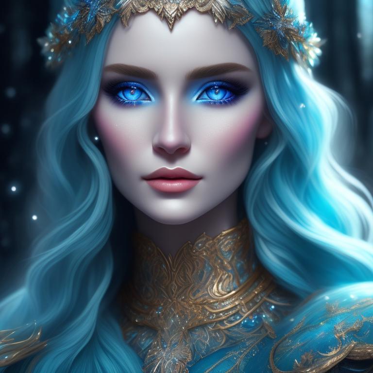 Winter eladrin elf female. Crystal blue eyes. Winter Magic, Super realistic, Hyperrealistic oil painting, Hyperrealistic, Artificial intelligence, art by Simon Hennessey