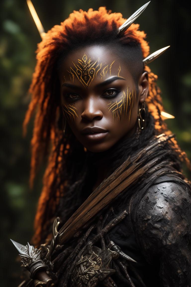 a female tribal warrior in the jungle, african. By