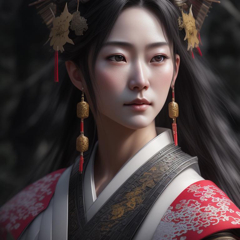shinto, priestess, flowers in hair, feminine, Japanese, beside a shrine, Trending on Artstation, Highly detailed, Dynamic pose, Dynamic lighting, Character portrait, Digital painting, Perfect line quality, Medieval fantasy, Perfect composition, 16K, Dark outlines, Sharp, Detailed face, RPG, Greg Rutkowski, inspired by the art of William O'Connor, Inspired by the art of Eva Widermann, Inspired by the art of Dungeons and Dragons, Dungeons and Dragons Character Concept, Cleric from dungeons and dragons , Medieval armour, Medieval , Japanese traditional shrine, No make-up, Gentle demeanor, Medieval fantasy, Wearing kimono, With a lively face and soft smile, Twilight, Cherry Blossom Theme