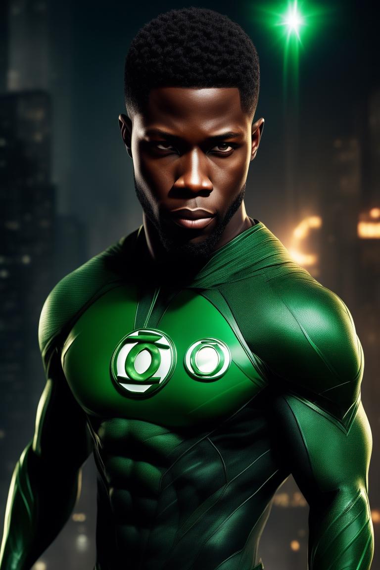 Green Lantern John Stewart. Use Trevante Rhodes as base. No mask., based on trevante rhodes, confident expression, Intense gaze, No mask, futuristic setting, vibrant green energy aura, Powerful, strong physique, Dramatic Lighting, Art by artgerm and greg rutkowski, Digital painting, Highly detailed, Dark background