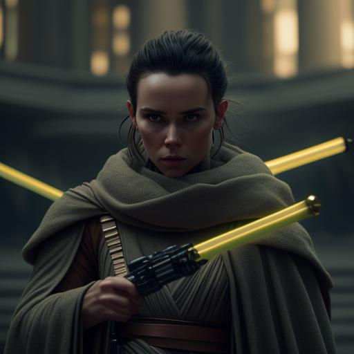 starwarsnewsit: Rey Skywalker with yellow lightsaber and grey robes