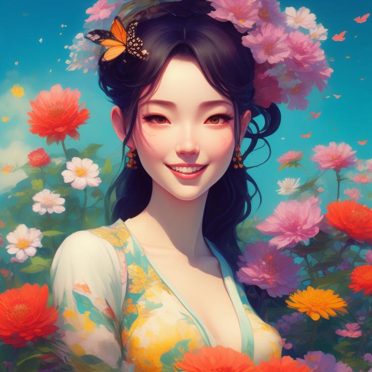 Smile, depicted as a joyful character in a sunny garden, surrounded by colorful flowers and butterflies, The artwork should be highly detailed, with smooth brushwork and intricate patterns reminiscent of art by katsushika hokusai, Gustav Klimt, and henri matisse, the lighting should be warm and radiant, emphasizing the cheerful and positive mood of the scene, this artwork is trending on artstation and deviantart, showcasing the talent of artists such as mandy jurgens, Loish, Ross Tran, and sam yang.