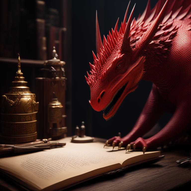 hotquetzal354 a red dragon amidst medieval writing implements such as