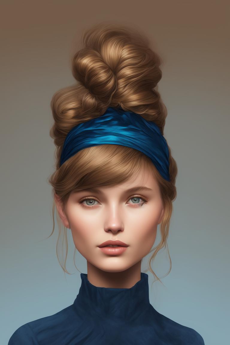 Art style of Anna Nikonova, Loish, Trending on Artstation, Washed out colors, Muted sunlight, Aileen is a young and beautiful girl who has a fair complexion, a well proportioned body, and an average height. She has long straight golden blonde hair extending to below her hips, with bangs and wavy tips, and has sapphire blue eyes.

She wears a blue ruffled head dress with gold hemming on top of her hair that has been tied into a half up ponytail and a pair of blue gloves on her hands. She wears dark brown laced brown leather walking boots., Subtle color tones, Stylized, Digital painting, Minimal, Color outlined, Front view, Grain shading, Subtle Shading