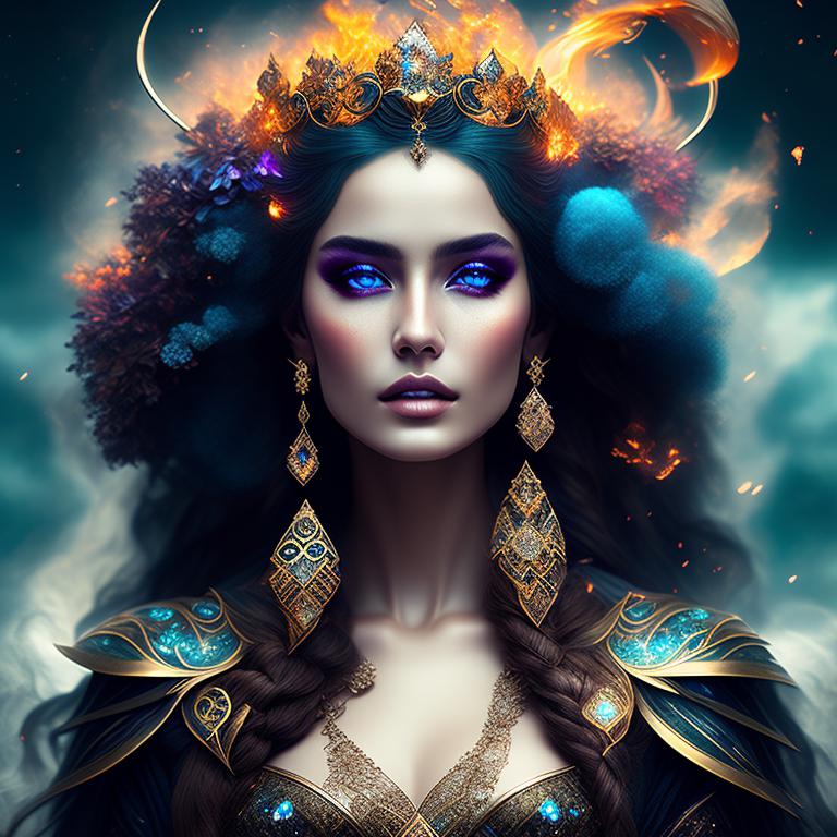 Queen of all elements Air, Earth, Fire and Water, Enchanting, elemental, High Fantasy, Fantasy UI elements, Beautiful clothes, Beautiful hair, Beautiful eyes, Powerful