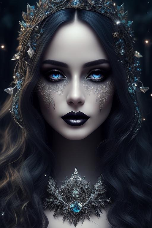 God, Glamorous, beautiful gothic witch, wear crystal crown, beautiful eyes, forest sence, full moon, magic witchcraft, glitter, fantasy, intricate, elegant, highly detailed, digital painting, Enchanting, elemental, High Fantasy, Fantasy UI elements, Beautiful clothes, Beautiful hair, Beautiful eyes, Powerful, Hyperrealism