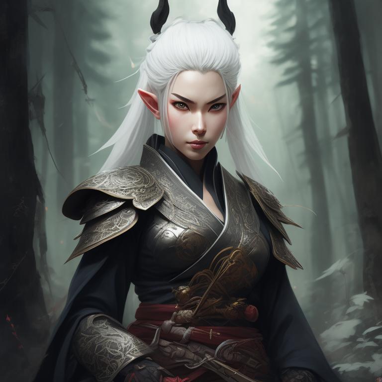 unusual-slug175: female elf samurai, white hair, katana in hand