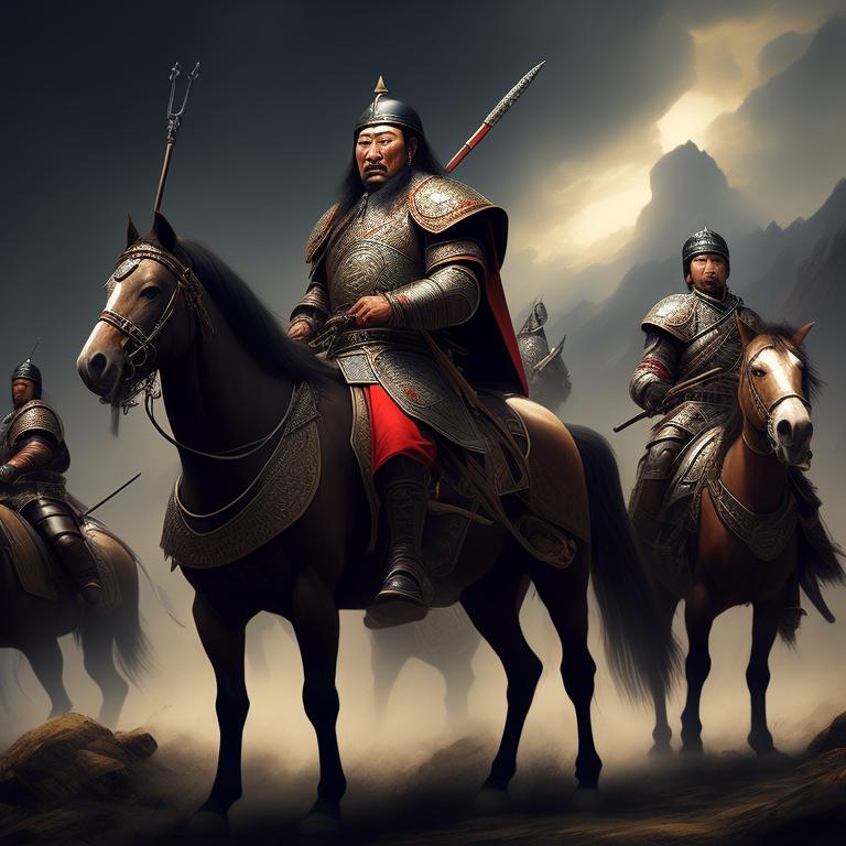 used-locust436: genghis khan with his warriors riding horse in 13th century  realistic 3d painting , high details