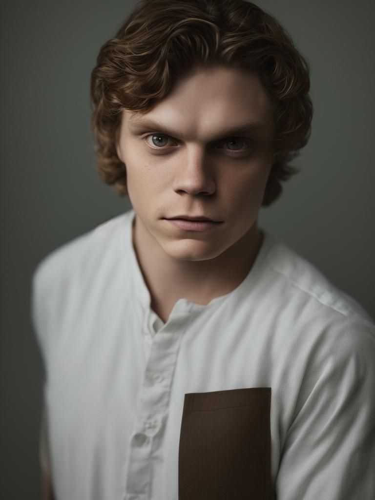 Straight Photography, Natural color scheme, Mugshot of, Evan Peters, with soft features, Solid white background, Taken with a 18 MPx DSLR Camera, Grainy texture, Minimalistic, Portrait by Craig Wiley, Photography by Jimmy Nelson, Photo, Digital painting, photographic realism, Whole body facing forward, Intense front lighting