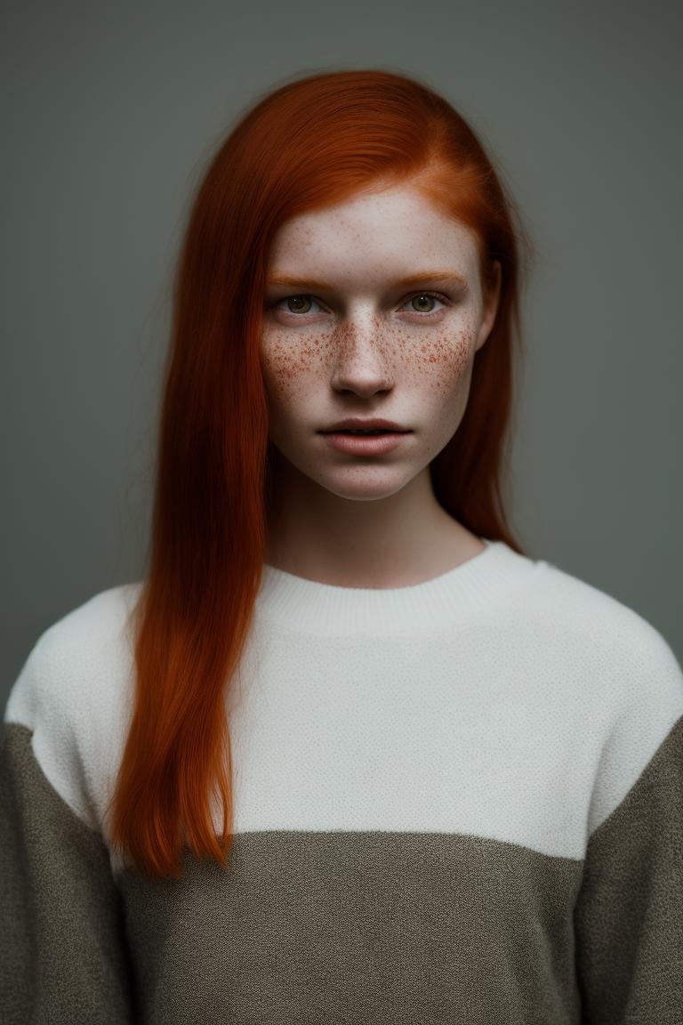 Straight Photography, Natural color scheme, Mugshot of, A 16 year old girl, red hair and many freckles, Solid white background, Taken with a 18 MPx DSLR Camera, Grainy texture, Minimalistic, Candid, Raw, Portrait by Craig Wiley, Modern, Photography by Jimmy Nelson, Photo, Digital painting, photographic realism, Whole body facing forward, Front view, Intense front lighting
