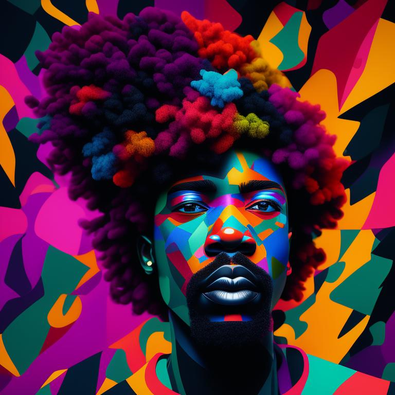 Asymmetric Afro Man Camouflage Pattern, featuring vibrant colors and sharp focus, the artwork should have a futuristic style and be trending on artstation, 
