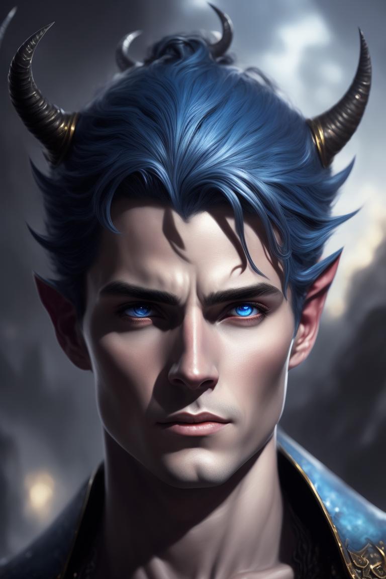 Trinixerina: Tiefling male, curved horns, handsome, blue skin, young