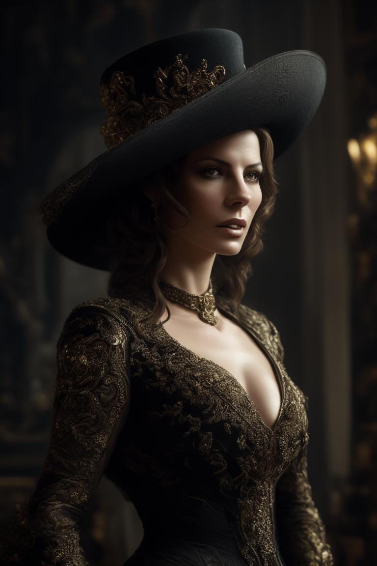 Naglauamorda: (Full-length photo), Kate Beckinsale as Lady Alcina Dimitrescu,  (character from the game Resident Evil), in her castle in a dark setting,  (wearing a hat with a wide brim), highly detailed background,