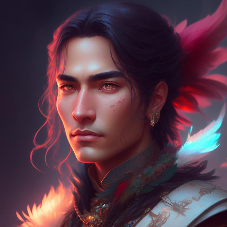 native american man, middle aged, rakan, handsome, gorgeous, red feathers in hair, high cheekbones, dungeons and dragons, dnd, high fantasy, heroic fantasy, hero, action, magic, beautiful colors, soft lighting, incredibly detailed, clean, masterpiece, art by loish and sakimichan and mandy jurgens, Soft Lighting, Intricate, Pastel colors, Digital painting, Artstation, Dreamlike, Whimsical, art by loish and sakimichan and mandy jurgens.