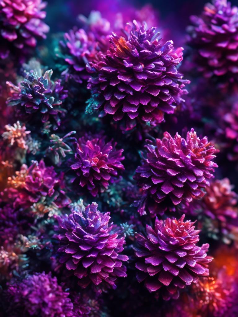purple pinecones, Highly detailed, Artgerm, Chromostereopsis, Fiverr, Light streaking, Oil painting , VFX, Colors streaking behind, Illustration, Blooming watercolor techniques