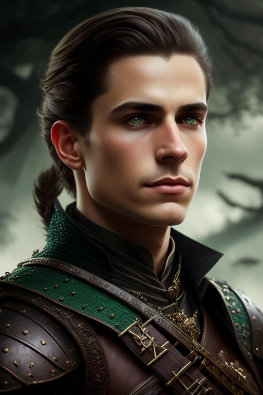 fluffy-frog144: Fantasy young man portrait, green eyes, ponytail, brown ...