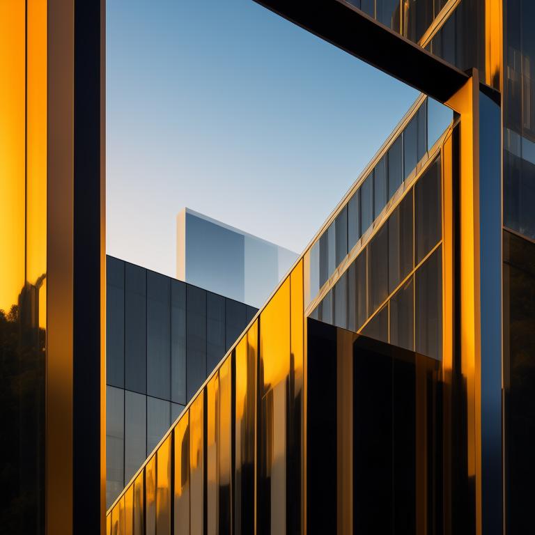 A phycology company building, glass-walled psychology company building overlooking a colorful cityscape at sunset, featuring sleek lines and a minimalist design, art by andy gilmore and noma bar, with a warm, golden glow, crisp detail, and sharp focus.