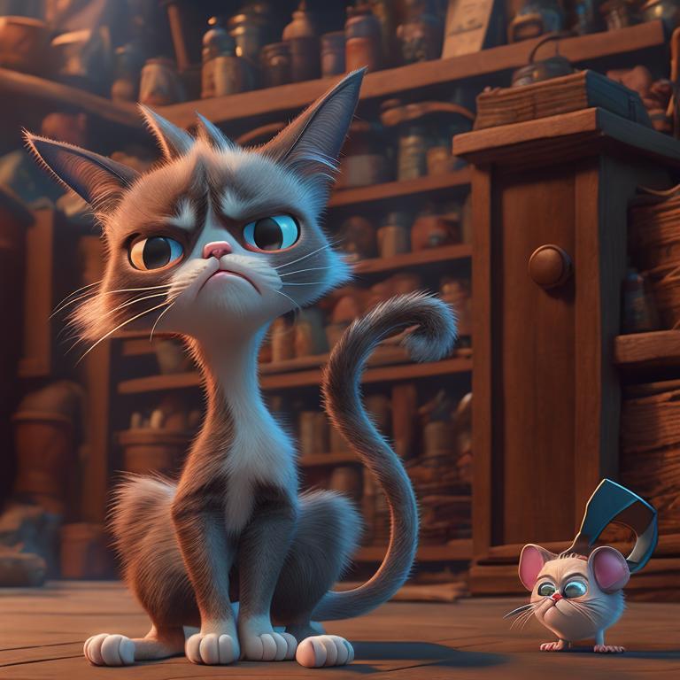 thiccFlair: Grumpy exhausted cat next to a small mouse holding an axe
