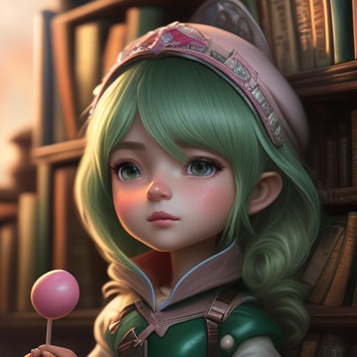 Adult female gnome paladin; hair- brown and white; eyes green and pink speckled; skin- tan/brown; dressed in candylandish clothing; full bodied uses short sword and is short in height, Sitting in a cozy library, surrounded by books, Marvel style, Deviantart, Art by lois van baarle and artgerm, Concept art, Artstation, Polaroid photo, Highly detailed, Illustration, Beautiful face