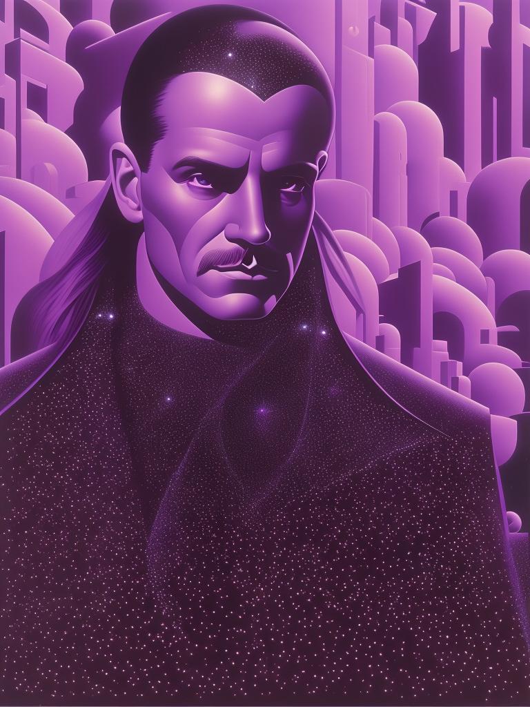 a blue world with orbs and space, Album cover of 2480x520 size of A ponytail haired man, looking straight, in the style of ed mell, light black and purple, M C Escher, Wayne Barlowe, orderly symmetry, punctured canvases, surreal metaphorical scenes