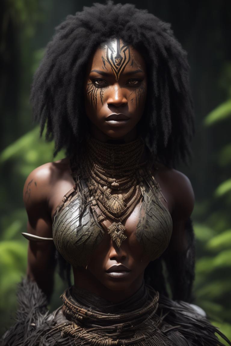 a female tribal warrior in the jungle, african. By