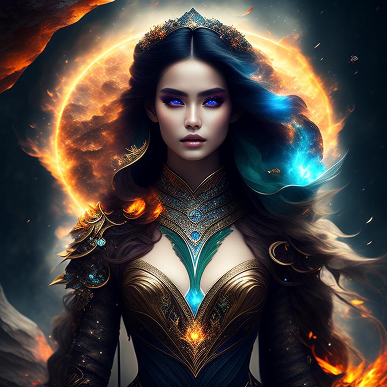 combination of all elements Air, Earth, Fire and Water, Enchanting, elemental, High Fantasy, Fantasy UI elements, Beautiful clothes, Beautiful hair, Beautiful eyes, Powerful
