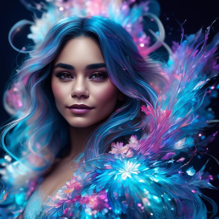 Silver and light blue. Vanessa Hudgens, Highly detailed, Artgerm, Chromostereopsis, Fiverr, Light streaking, Oil painting , VFX, Colors streaking behind, Illustration, Blooming watercolor techniques