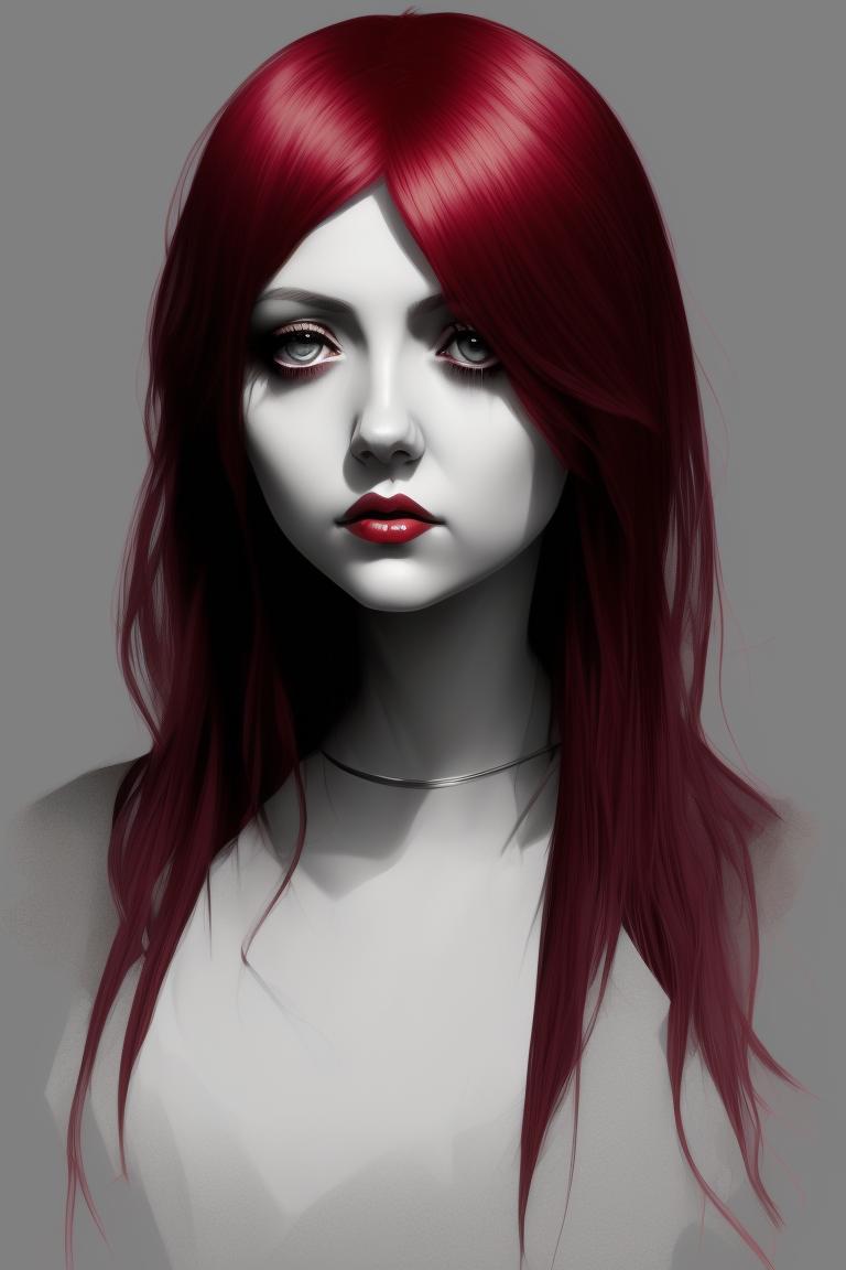 Character concept art, Grainy texture, Taylor Momsen. Red hair. Full Color. Pencil Sketch lines. Hatching Shading. , uncoated paper, Dark outlines, Pencil lines, Digital art anime, Flat illustration, Portrait, elegant lines and shading, Color Gradiant, Clean line art, American Realism