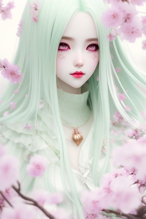 Vampire , cute girl , green hair , anime, purple eye , goth , haloween, against a backdrop of cherry blossom trees, Delicate, Pastel colors, Soft Lighting, traditional japanese style, fashion illustration, Intricate, Highly detailed, Art by lois van baarle and artgerm, Trending on Artstation, digital painting.