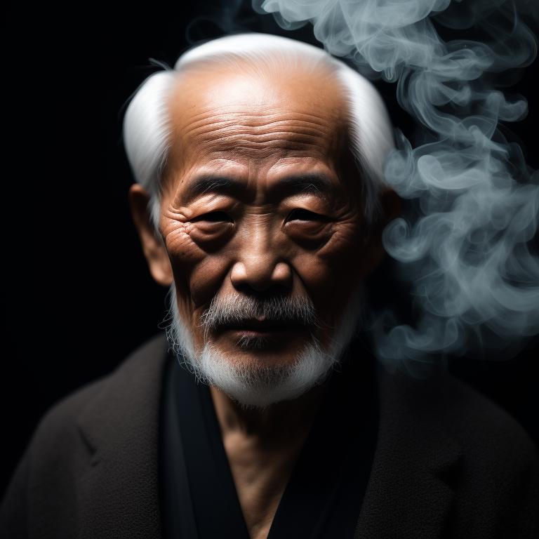 A wise man; old man; Japanese man; old monk; with a white beard; smoke swirling around him; black background, sitting calmly in the middle of swirling smoke, set against a black background, Highly detailed, Intricate, and elegant, With sharp focus, the image is done in a smooth digital painting style reminiscent of art by greg rutkowski or artgerm.